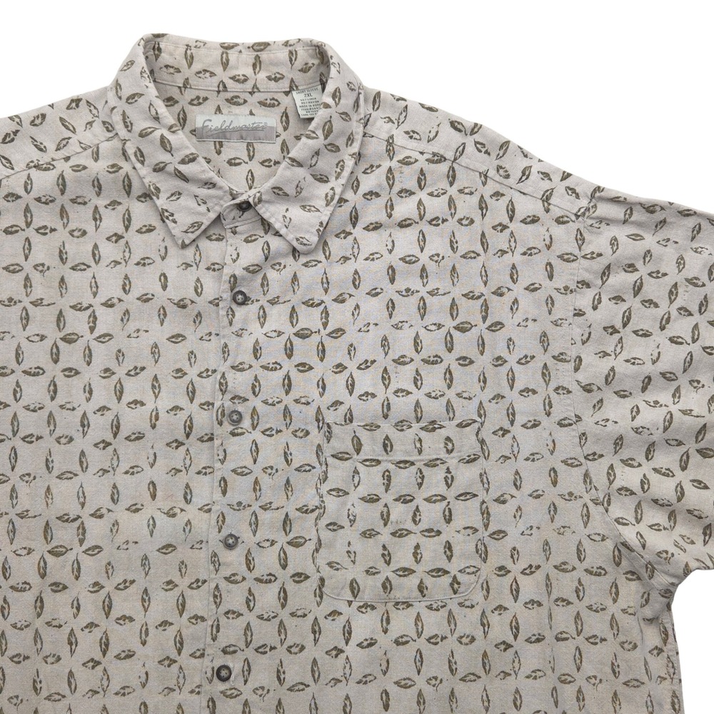 VTG Fieldmaster Mens 2XL Short Sleeve Linen Blend Button Up AOP Leaf Print Shirt
